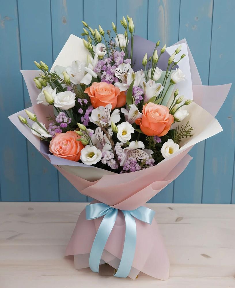 Букет цветов из: Лизиантусы, Розы, Альстромерии и Гипсофила в Курлово