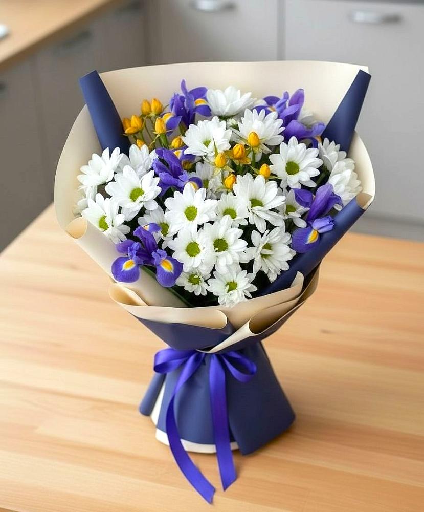 Букет цветов из: Розы, Ирисы и Хризантемы в Курлово